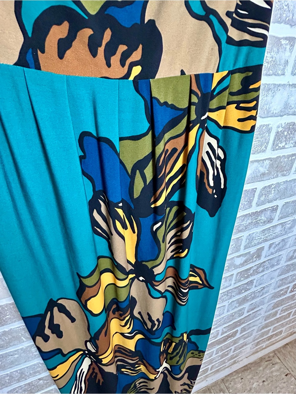 Danny & Nicole Teal Floral Maxi Dress with Yellow, Blue & Brown Accents - Picture 3 of 7